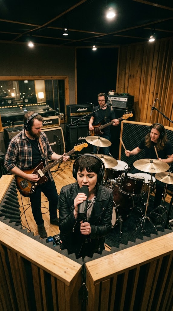 Band in een opname studio tijdens een sessie